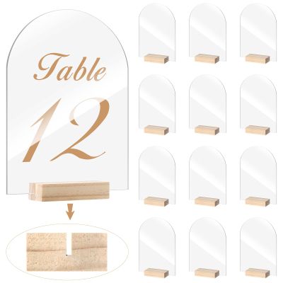 Yalikop 12 Pack Acrylic Sign Holder with Wood Base DIY Signs Acrylic Table Numbers Modern Signs Plaque Vertical Table Decor for Wedding, Restaurant, Store, Office, Hotel(4 x 6 Inch)