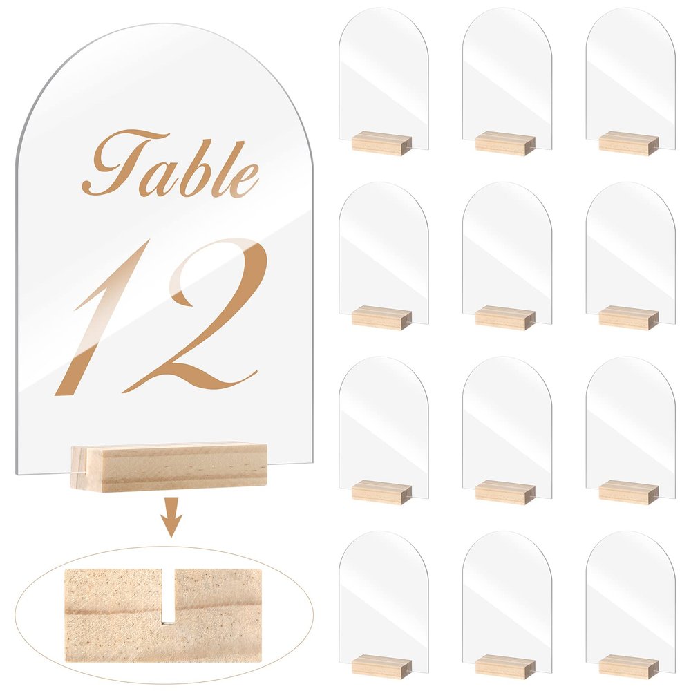 Yalikop 12 Pack Acrylic Sign Holder with Wood Base DIY Signs Acrylic Table Numbers Modern Signs Plaque Vertical Table Decor for Wedding, Restaurant, Store, Office, Hotel(4 x 6 Inch)