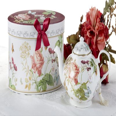 9.5 x 5.6" Porcelain Tea Pot, Burg Peony