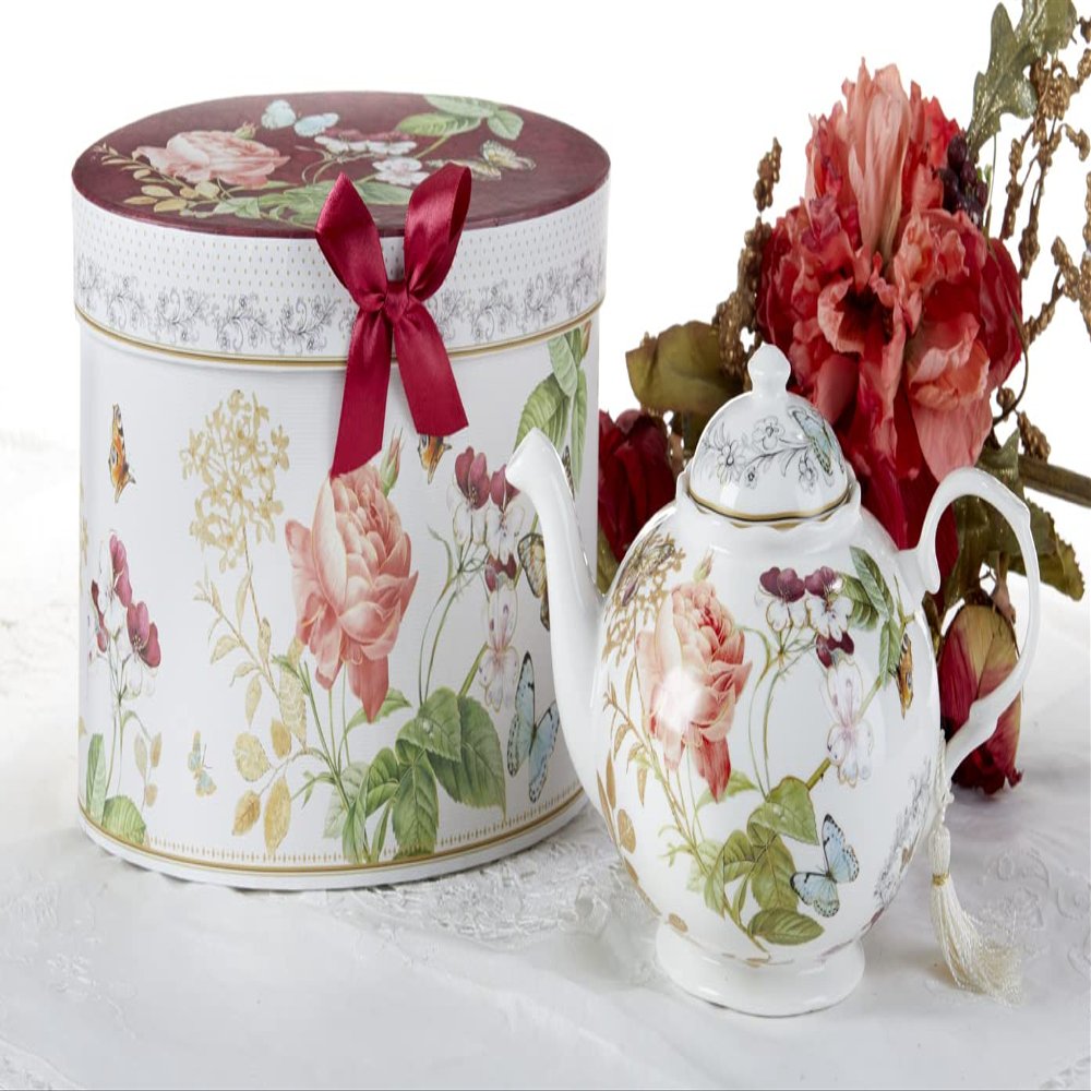 9.5 x 5.6" Porcelain Tea Pot, Burg Peony