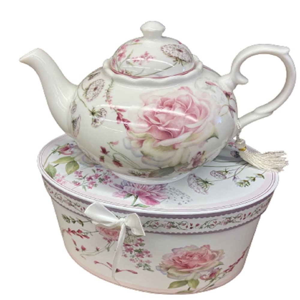 9.5 x 5.6" Porcelain Tea Pot, Moon Rose