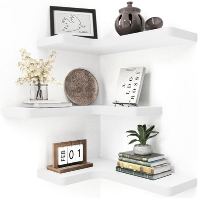 fuqing Corner Floating Shelves, Wall Shelf Set of 3, Shelves for Wall Storage, Solid Wood Shelves for Storage, Wall Mount Wooden Display Shelf for Bathroom Bedroom Kitchen Garage, White