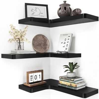 fuqing Corner Floating Shelves for Storage, Set of 3, Solid Wood, Wall Mount Wooden Display Shelf for Bathroom Bedroom Kitchen Garage, Black