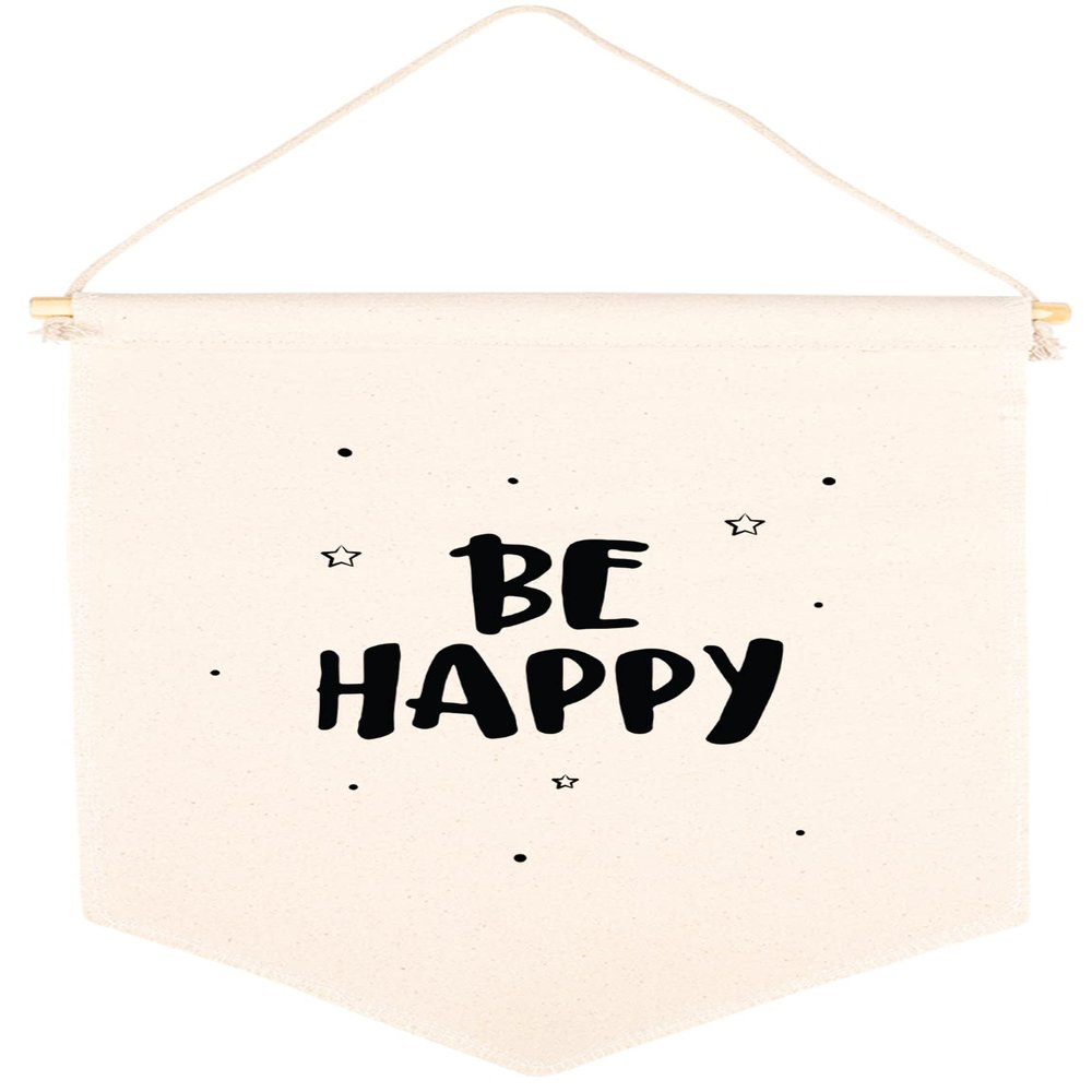 Andaz Press Hanging Canvas Banner - Be Happy Tapestry Wall Hanging Banner for Baby Girl, Boy & Kids Nursery Decor, Pennant Flag Art, 1-Pack