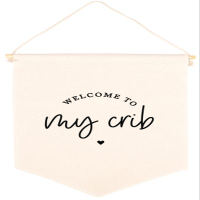 Andaz Press Hanging Canvas Banner - Welcome To My Crib Tapestry Wall Hanging Banner for Baby Girl, Baby Boy, Kids Canvas Nursery Decor, Pennant Flag Wall Art, 1-Pack