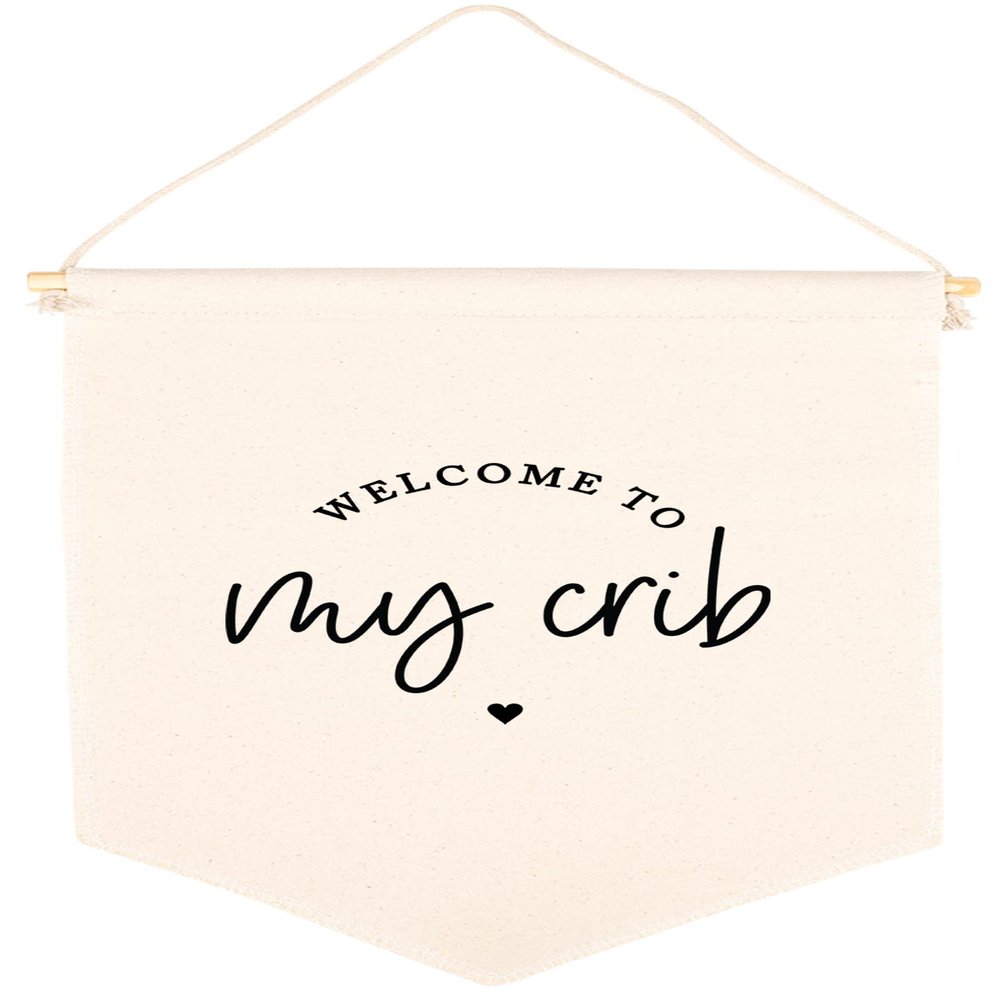 Andaz Press Hanging Canvas Banner - Welcome To My Crib Tapestry Wall Hanging Banner for Baby Girl, Baby Boy, Kids Canvas Nursery Decor, Pennant Flag Wall Art, 1-Pack
