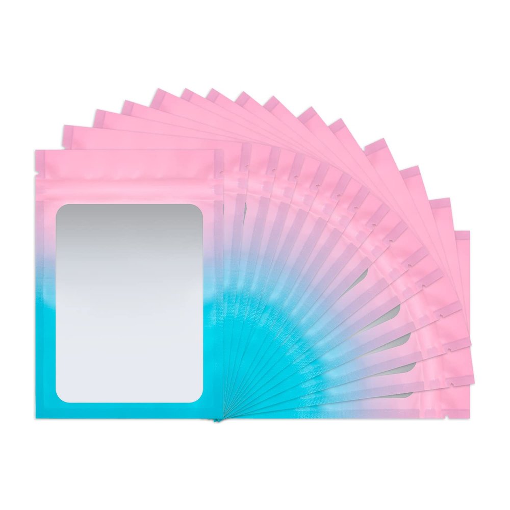100 Pack Smell Proof Bags 3.3 x 5.1 Inch Mylar Bags with Clear Window Foil Pouch Bag Flat Bag Matte Gradient Color (Pink Blue)