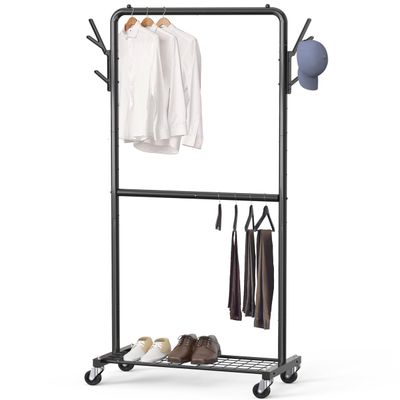 Simple Houseware Double Rod Garment Rack with Wheels and Hooks, Black