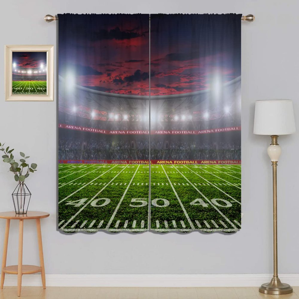 American Football Blackout Curtains for Boy Girl Bedroom Living Room Darkening Decor, Sport Theme Arena Stadium and Sunset Home Rod Pocket Thermal Insulated Window Curtain/Drapes 2 Panel, 63x63 Inch