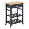 OSP Home Furnishings Hampton Kitchen Cart with Wood Top, Utensil Drawer, Under Cabinet Basket, and 2 Slatted Shelves, Blue Stone Base view 1