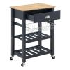 OSP Home Furnishings Hampton Kitchen Cart with Wood Top, Utensil Drawer, Under Cabinet Basket, and 2 Slatted Shelves, Blue Stone Base view 2