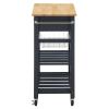 OSP Home Furnishings Hampton Kitchen Cart with Wood Top, Utensil Drawer, Under Cabinet Basket, and 2 Slatted Shelves, Blue Stone Base view 3
