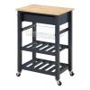 OSP Home Furnishings Hampton Kitchen Cart with Wood Top, Utensil Drawer, Under Cabinet Basket, and 2 Slatted Shelves, Blue Stone Base view 4