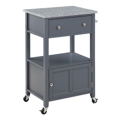 OSP Home Furnishings Fairfax Farmhouse Kitchen Cart with Granite Top, Rolling Storage Cabinet with Towel Rack, Shelf and Drawer, Grey Finish