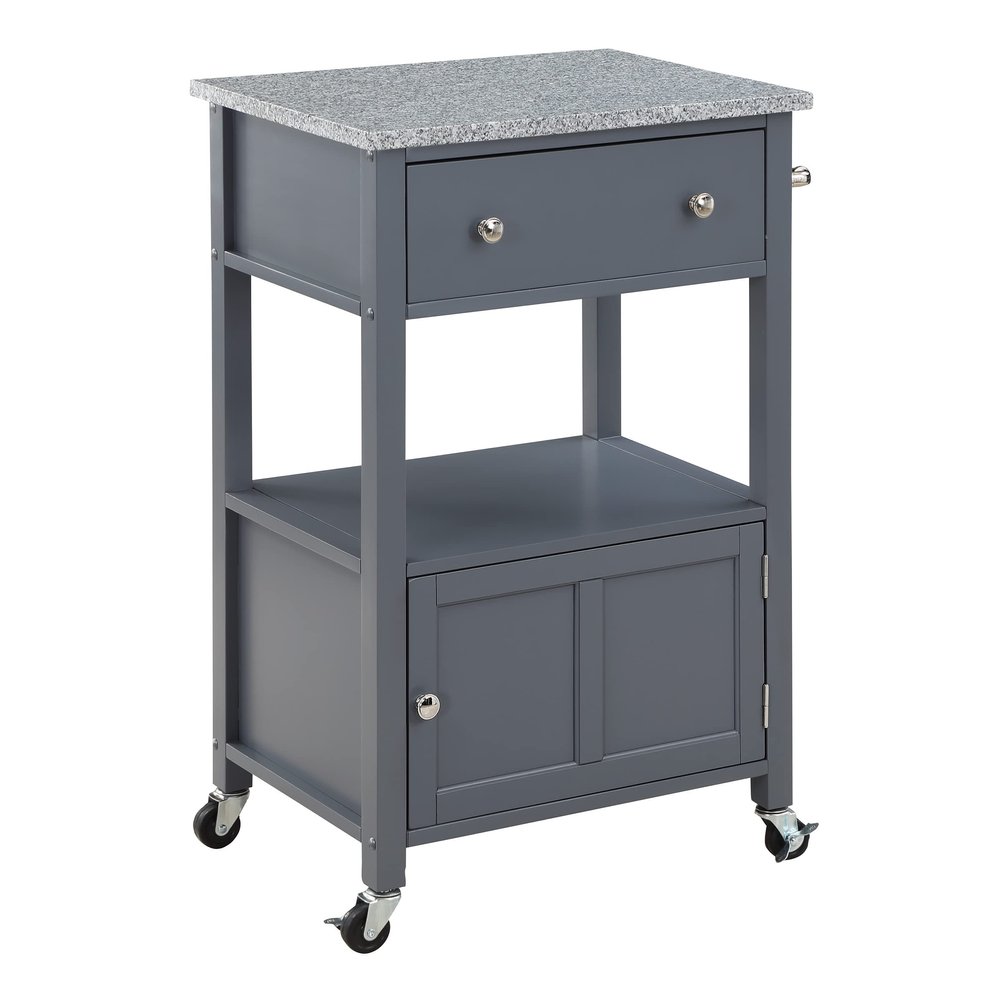 OSP Home Furnishings Fairfax Farmhouse Kitchen Cart with Granite Top, Rolling Storage Cabinet with Towel Rack, Shelf and Drawer, Grey Finish