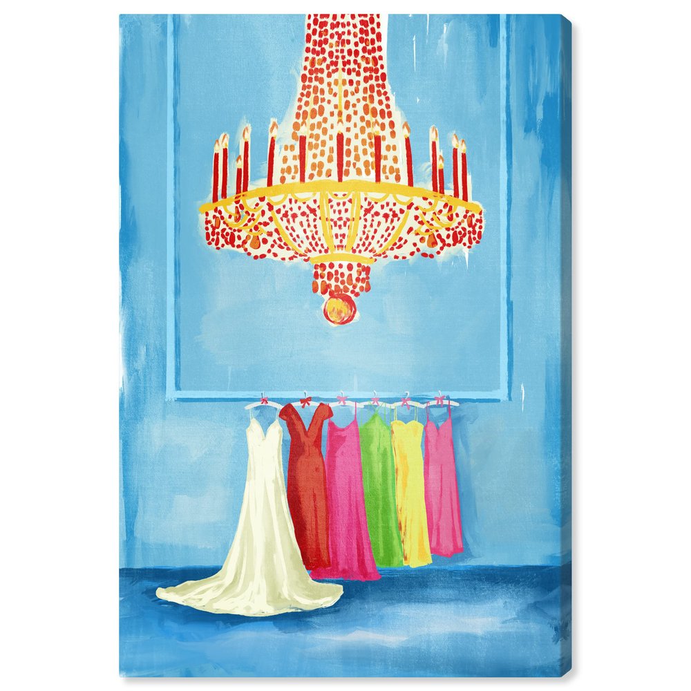 Oliver Gal Artist Co. Fashion and Glam, Canvas Wall Art, Colorful chic dress collection chandelier Ready to Hang Living Room, Bedroom and Bathroom Home Dcor, 24.0 x 36.0, Blue, Framed Canvas Art