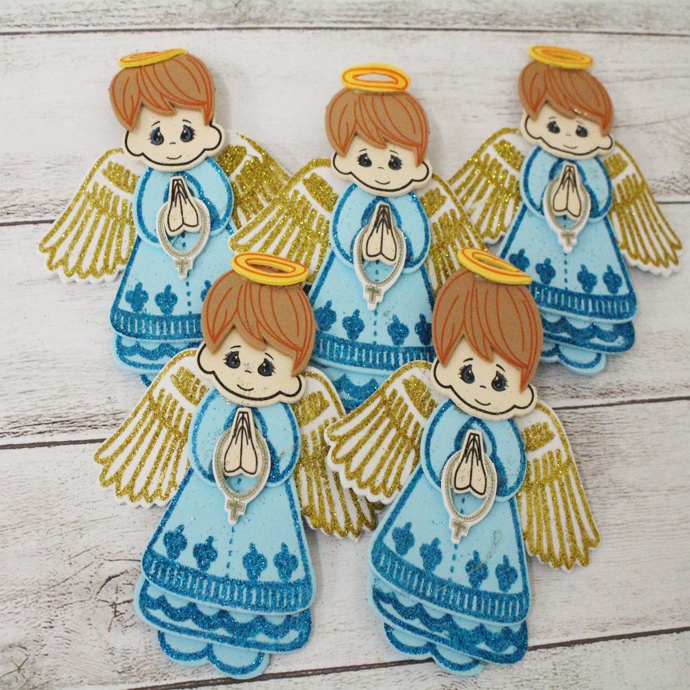 10pc Ooki Small Mi Bautizo Boy Blue Angel Halo Wings Necklace Foam Decor Baptism Sign Recuerdo para Bautizo Centerpiece Angel with Halo Angel con Halo Angels EVA Favor
