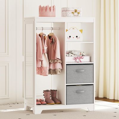 UTEX Kids Dress Up Storage with Full Length Mirror, Kids Armoire with 2 Storage Bins, Opening Hanging Costume Closet Wardrobe, Pretend Storage Closet Armoire Dresser