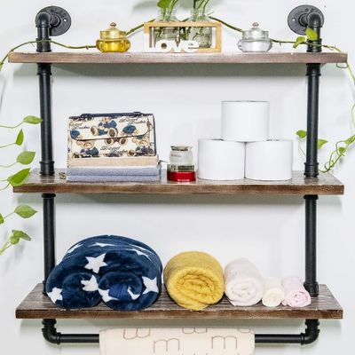 Bathroom Pipe Shelves with Towel Bar Industrial Pipe Shelving ,3Tier 24 inch Retro Rustic Farmhouse Pipe Industrial Wall Shelves Bathroom Shelves Over Toilet for Storage