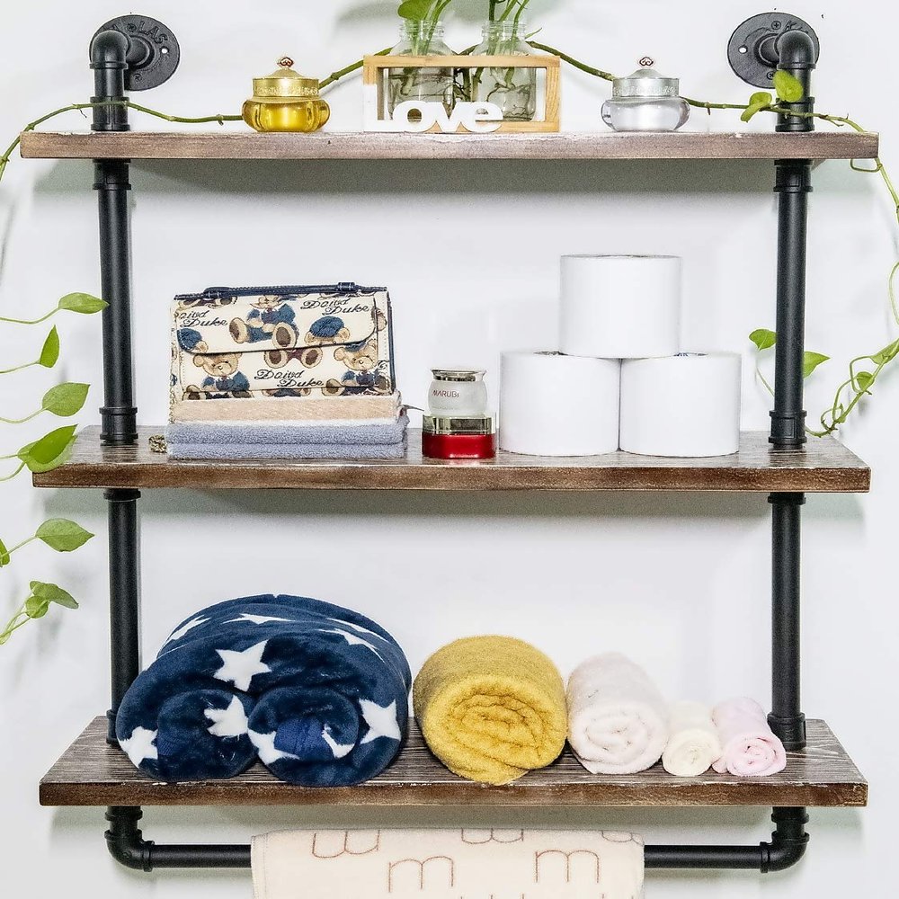 Bathroom Pipe Shelves with Towel Bar Industrial Pipe Shelving ,3Tier 24 inch Retro Rustic Farmhouse Pipe Industrial Wall Shelves Bathroom Shelves Over Toilet for Storage