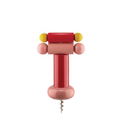 Alessi ES17 2 Beech Wood Corkscrews Red, Yellow and Pink 100 Values Collection, Steel