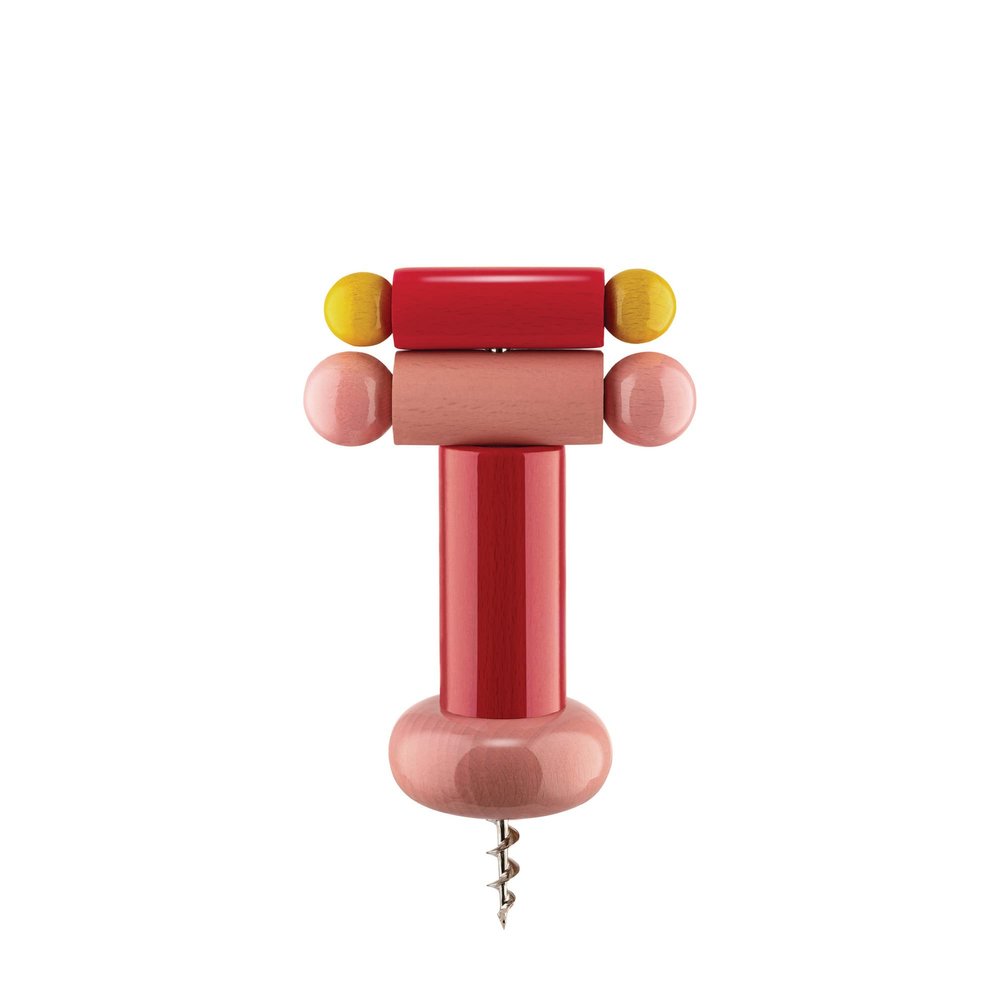 Alessi ES17 2 Beech Wood Corkscrews Red, Yellow and Pink 100 Values Collection, Steel