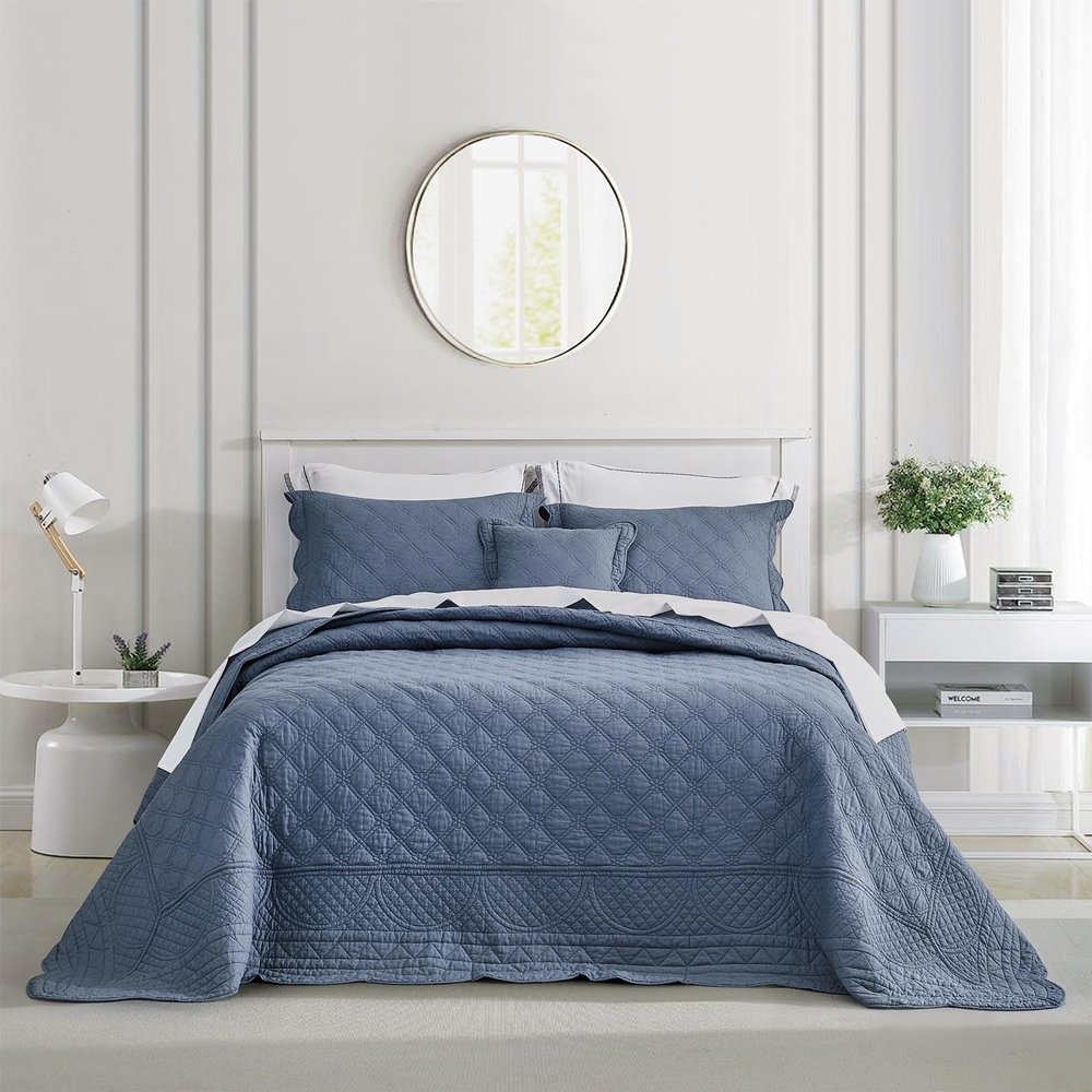 CHIXIN Oversized Cotton Bedspread Queen Size - Real Stitching - Luxury Quilted Bedding Cover for All Season, Reversible, Ultra Soft, Lightweight, 3 Piece, Smokey Blue