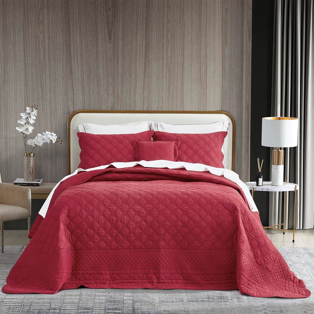 CHIXIN Cotton Bedspread Full Size - Real Stitching - Luxury Quilted Bedding Cover for All Season, Reversible, Ultra Soft, Lightweight, 3 Piece, Burgundy