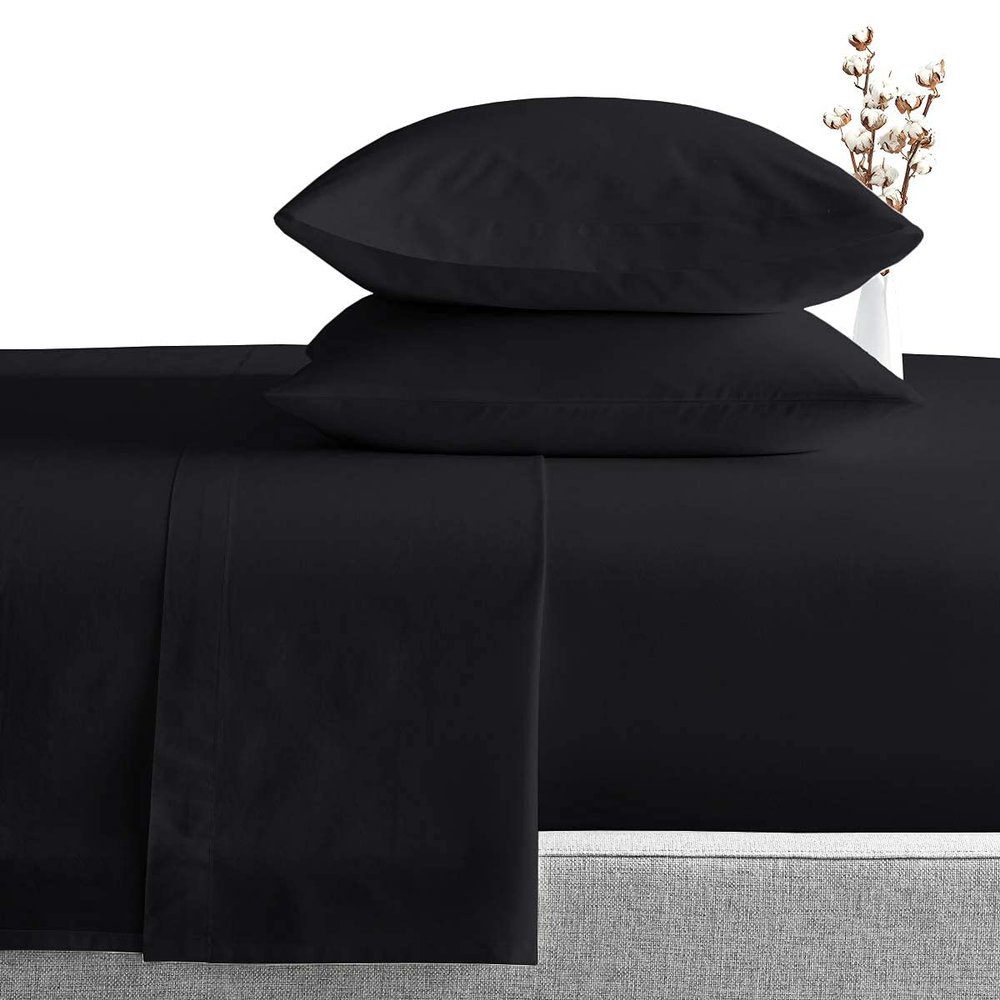 Bed Sheet Set of 5PCs, Black Solid,Full Size, 1 Fitted Sheet (15"-16") Deep Pocket, 1 Flat Sheet, 1 Duvet Cover with Zipper and 2 Pillowcases, Pure Egyptian Cotton, 400 Thread Count.