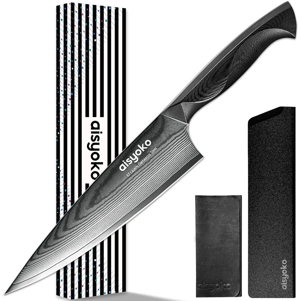 aisyoko Damascus Chef Knife 8 Inch Sharp Kitchen Knife Japan VG-10 Stainless Steel Carbon Ultra Sharp Kitchen Cooking Knife, Ergonomic G10 Handle Deluxe Gift Box