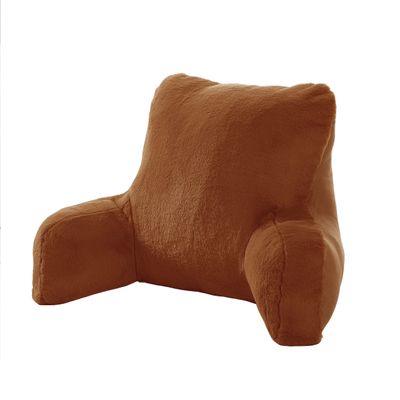 Home Soft Things Solid Faux Fur Brown Bed Rest Reading Pillow with Handle, Lounger Backrest Pillow for Sitting in Bed with Arms, 20" x 18" x 17", Umber