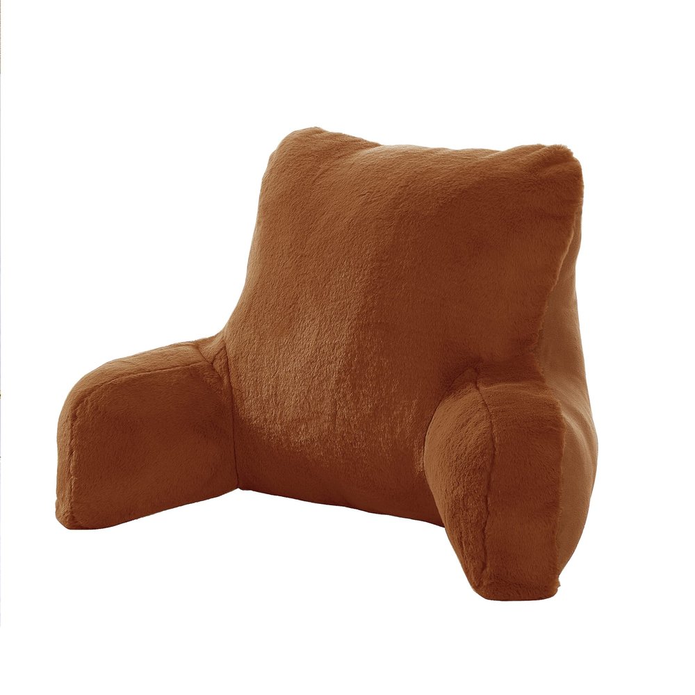 Home Soft Things Solid Faux Fur Brown Bed Rest Reading Pillow with Handle, Lounger Backrest Pillow for Sitting in Bed with Arms, 20" x 18" x 17", Umber