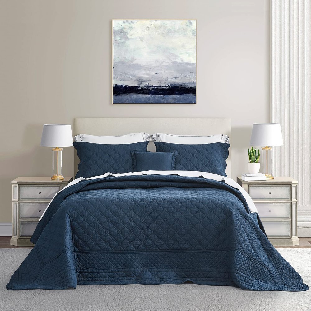 CHIXIN Oversized Cotton Bedspread King Size - Real Stitching - Luxury Quilted Bedding Cover for All Season, Reversible, Ultra Soft, Lightweight, 3 Piece, Navy