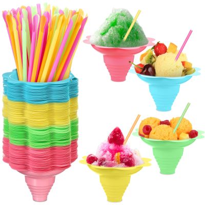 Boao 120 Pieces 5oz Colorful Flower Snow Cone Cups with Spoon Straws, Plastic Shaved Ice Reusable Snow Cone Bowls Supply Shaved, Snack, Ice Cream for Summer, Holiday, Party, Cookout