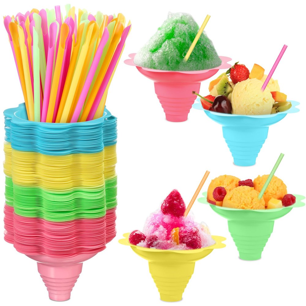 Boao 120 Pieces 5oz Colorful Flower Snow Cone Cups with Spoon Straws, Plastic Shaved Ice Reusable Snow Cone Bowls Supply Shaved, Snack, Ice Cream for Summer, Holiday, Party, Cookout