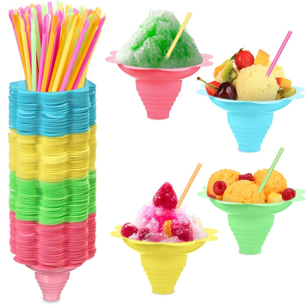 Boao 270 Pieces 5oz Colorful Flower Snow Cone Cups with Spoon Straws, Plastic Shaved Ice Reusable Snow Cone Bowls Supply Shaved, Snack, Ice Cream for Summer, Holiday, Party, Cookout