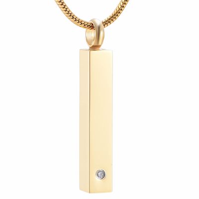 LiHiFG Inlay Zircon Golden Stainless Steel Bar Cremation Urn Pendant Engravable Keepsake Memorial Jewelry for Ashes