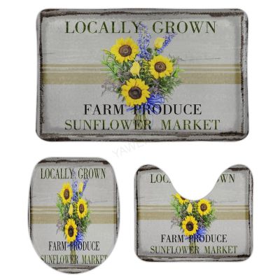 3 Pieces Bathroom Rug Set, Floral Buds Leaves Sunflowers Soft Foam Non Slip Bath Mats Sets Toilet Contour Mat Lid Cover for Bathtub Shower and Bathroom Decor 20"x32"