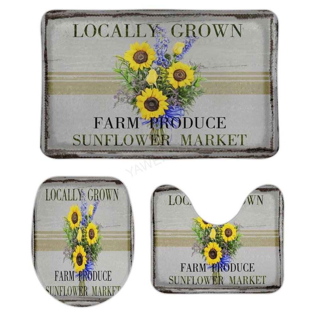 3 Pieces Bathroom Rug Set, Floral Buds Leaves Sunflowers Soft Foam Non Slip Bath Mats Sets Toilet Contour Mat Lid Cover for Bathtub Shower and Bathroom Decor 20"x32"