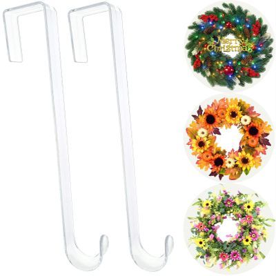 Wreath Hanger,12 Clear Wreath Hooks for Front Door,2 Pack Over the Door Easter Christmas Decoration Hangers Fall Halloween Wreaths holder,Non Scratch Wreath Hangers for Front Door Dcor Welcome Sign
