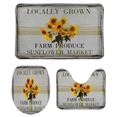 3 Pieces Bathroom Rug Set, Vintage Boho Sunflower Soft Foam Non Slip Bath Mats Sets Toilet Contour Mat Lid Cover for Bathtub Shower and Bathroom Decor 20"x32"