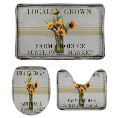 3 Pieces Bathroom Rug Set, Vintage Shabby Sunflower Soft Foam Non Slip Bath Mats Sets Toilet Contour Mat Lid Cover for Bathtub Shower and Bathroom Decor 16"x24"