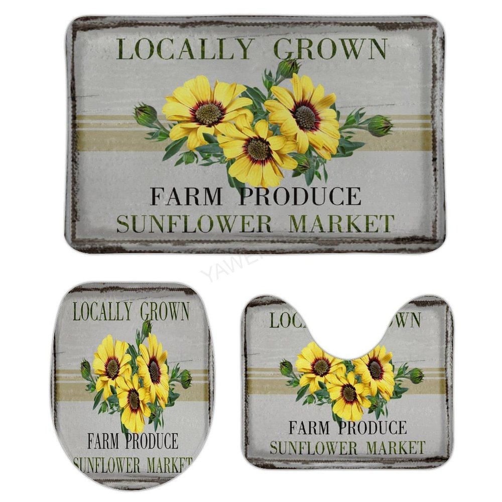3 Pieces Bathroom Rug Set, Stylish Blossom Sunflowers Soft Foam Non Slip Bath Mats Sets Toilet Contour Mat Lid Cover for Bathtub Shower and Bathroom Decor 16"x24"