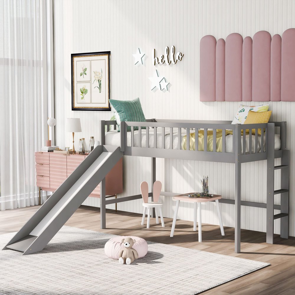 Bellemave Low Loft Bed with Removable Slide, Kids Twin Loft Bed Frame with Ladder and Full-Length Guardrails, Wood Low Loft Bed for Kids Teens Boy & Girl, Gray