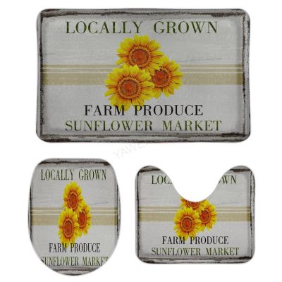 3 Pieces Bathroom Rug Set, Retro Sunflowers Floral Pattern Soft Foam Non Slip Bath Mats Sets Toilet Contour Mat Lid Cover for Bathtub Shower and Bathroom Decor 16"x24"
