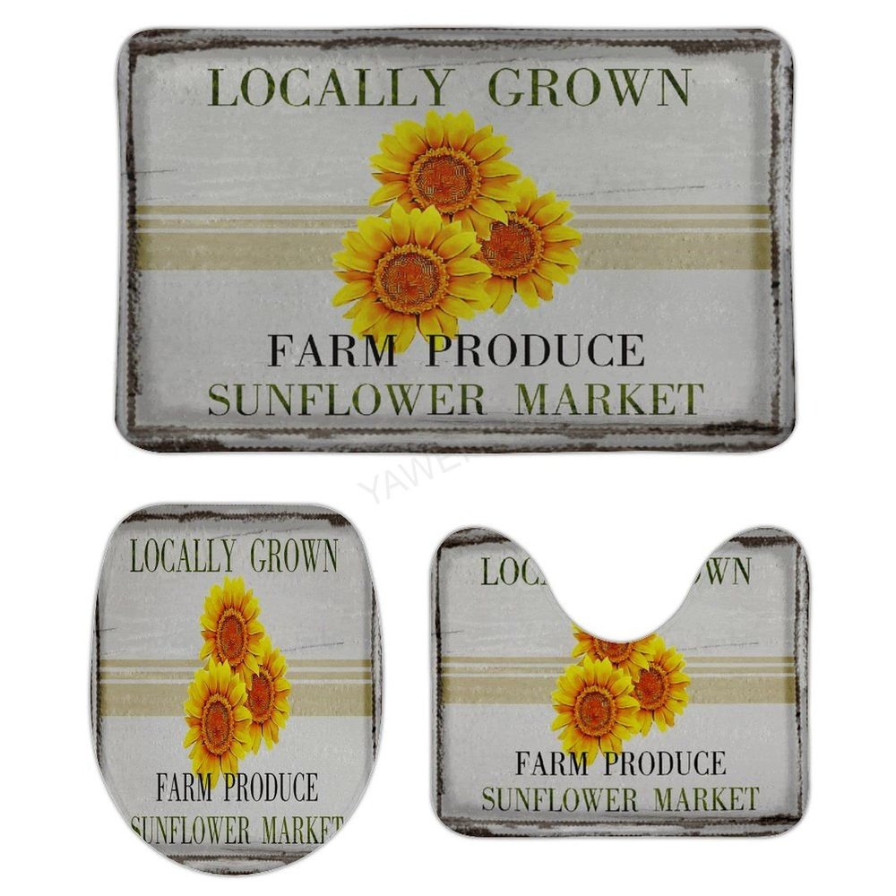 3 Pieces Bathroom Rug Set, Retro Sunflowers Floral Pattern Soft Foam Non Slip Bath Mats Sets Toilet Contour Mat Lid Cover for Bathtub Shower and Bathroom Decor 16"x24"