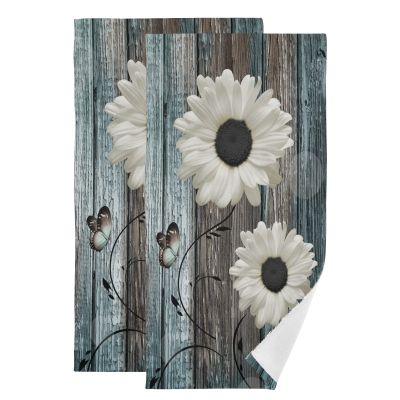 AIYOOLER Hand Towels for Bathroom Set of 2 Farmhouse Floral Rustic White Daisy Flower Teal Blue Wooden Plank Soft Absorbent Small Bath Towels Decorative Kitchen Guest Dish Towel for Gym,Spa 28x14in