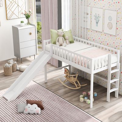 Bellemave Low Loft Bed with Removable Slide, Kids Twin Loft Bed Frame with Ladder and Full-Length Guardrails, Wood Low Loft Bed for Kids Teens Boy & Girl, White
