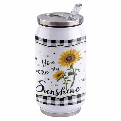 14oz Stainless Steel Tumbler with Lid & Straw-Double Wall Vacuum Insulated Travel Mug, Farmhouse Sunflowers Black and White Plaid Water Bottle Coffee Beverage Drinks Cup for Adults Kids