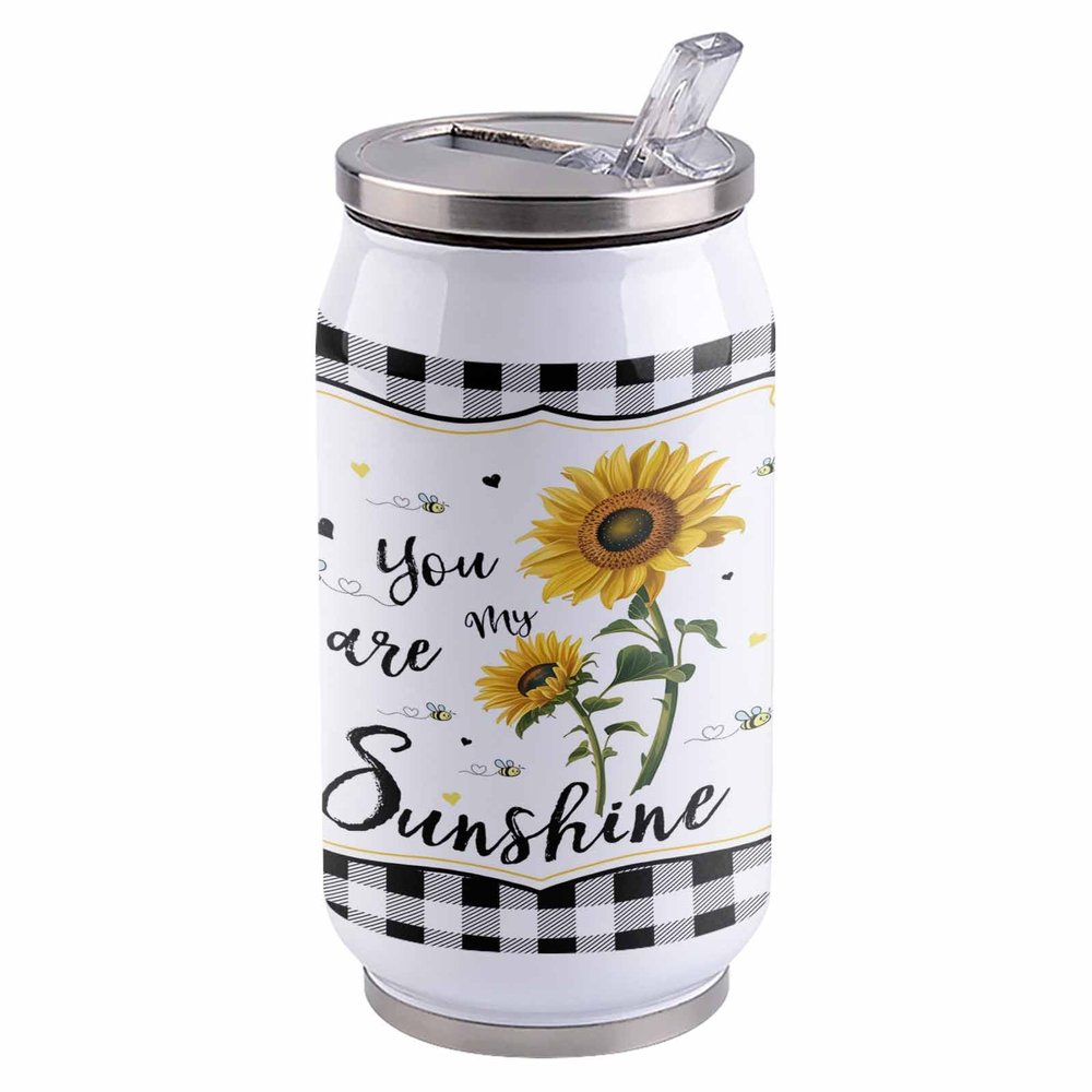 14oz Stainless Steel Tumbler with Lid & Straw-Double Wall Vacuum Insulated Travel Mug, Farmhouse Sunflowers Black and White Plaid Water Bottle Coffee Beverage Drinks Cup for Adults Kids
